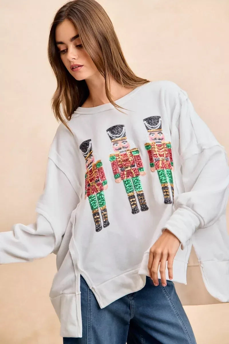 BiBi Christmas Sequin Nutcrackers Embroidery Sweatshirt - DAVERRI FASHIONS