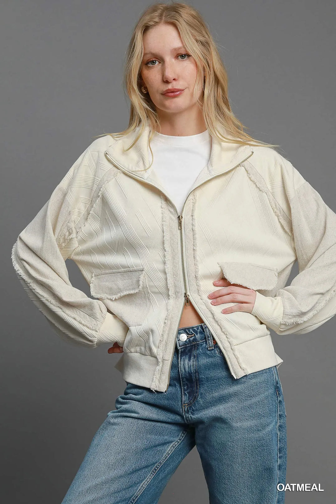 Umgee Two-Way Jacquard Zip-Up Jacket OATMEAL