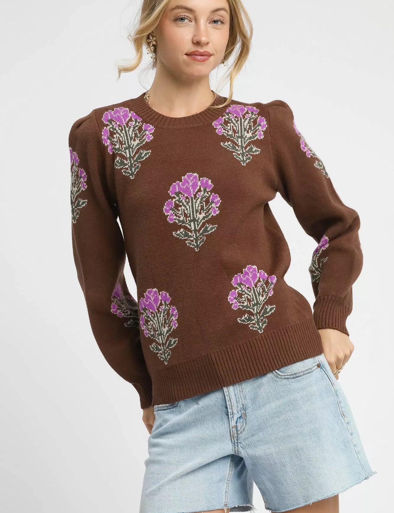 Brown Umgee Single Flower Stem Jacquard Sweater | Sweaters Daverri Fashions