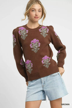 Umgee Single Flower Stem Jacquard Sweater - DAVERRI FASHIONS