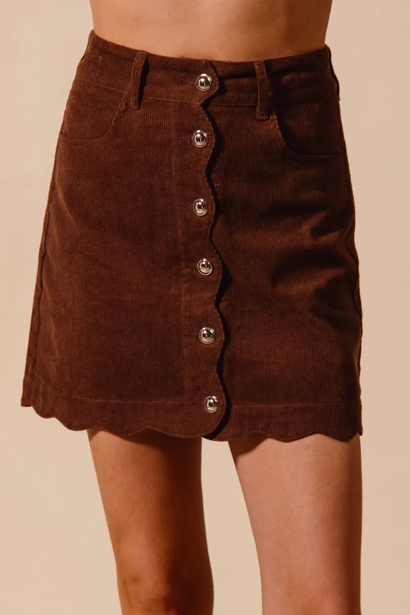 SO ME Scallop Buttoned Front Corduroy Mini Skirt MOCHA Skirts