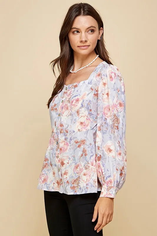 Lime 'N' Chili Floral Sweetheart Neckline Button Down Blouse