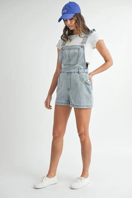 MABLE Square Neck Ruffle Shoulder Denim Overall Romper Shortalls