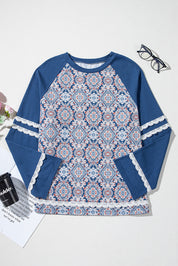 Blue Geometric Printed Lace Patchwork Ric Rac Raglan Long Sleeve Top | Tops/Long Sleeve Tops Daverri Fashions