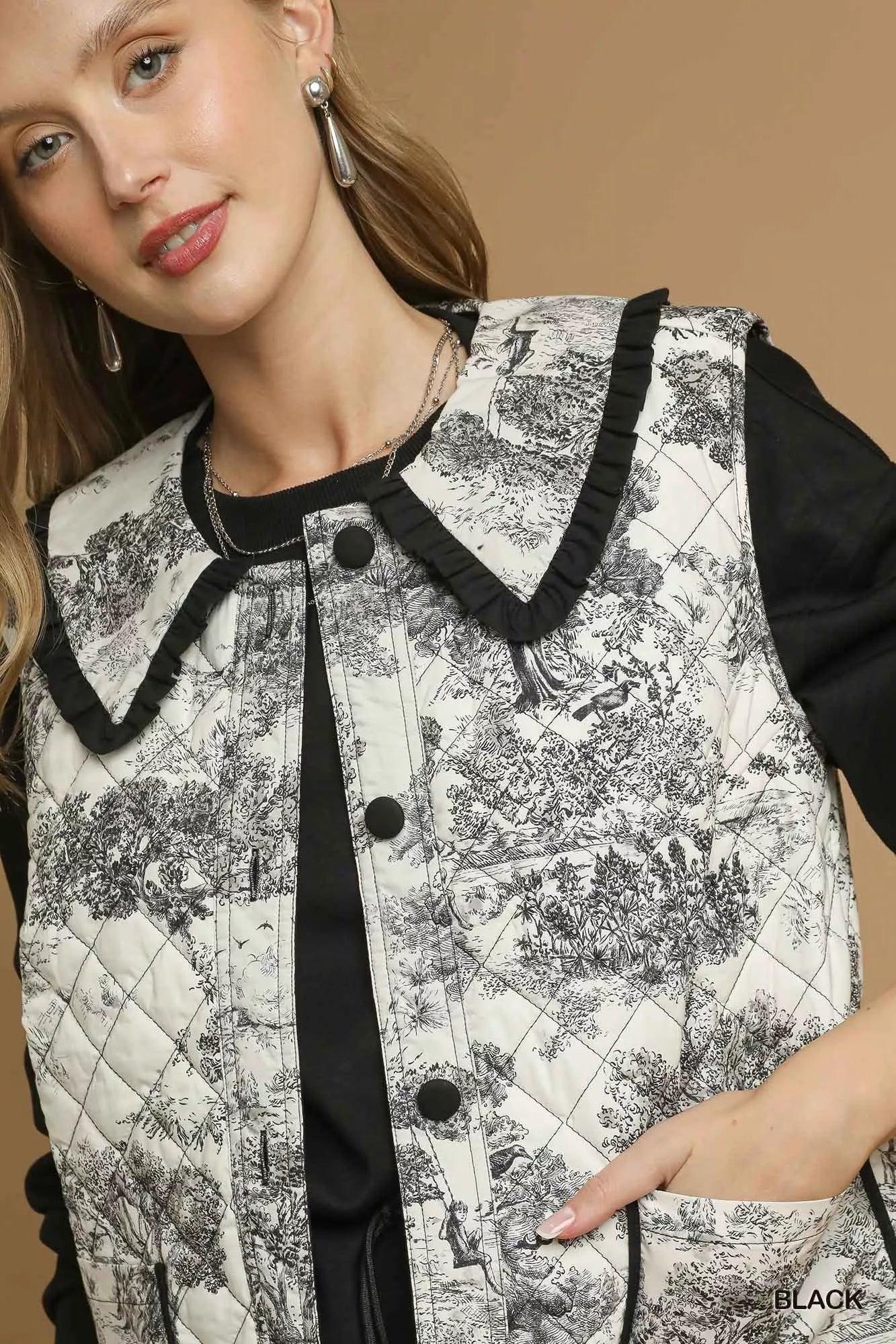 Umgee Toile Quilted Vest with Ruffle Collar - DAVERRI FASHIONS