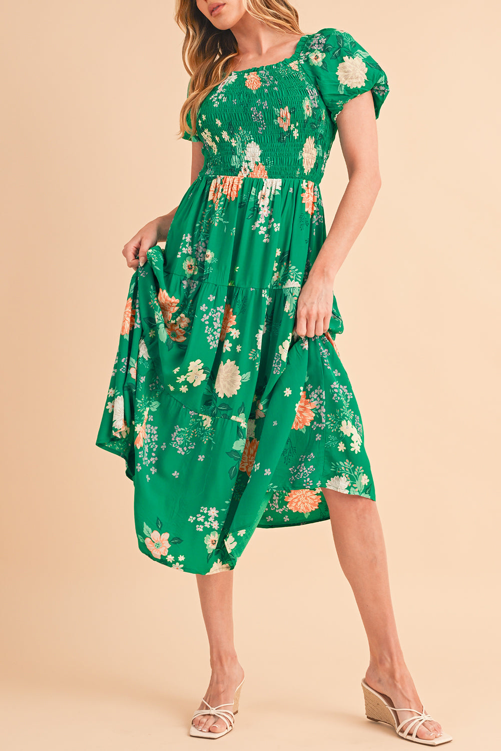 Green Floral Print Bubble Sleeve Smocked Tiered Midi Dress Green Midi Dresses