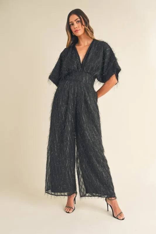 MABLE Fluffy Deep V Neck Wide Leg Jumpsuit Jumpsuits