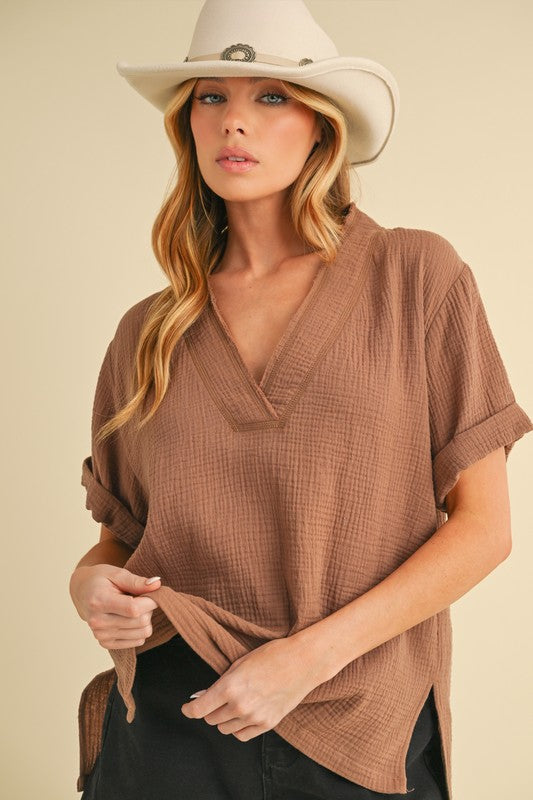 Aemi + Co Caramel Side Slit V-Neck Short Sleeve Blouse Blouses