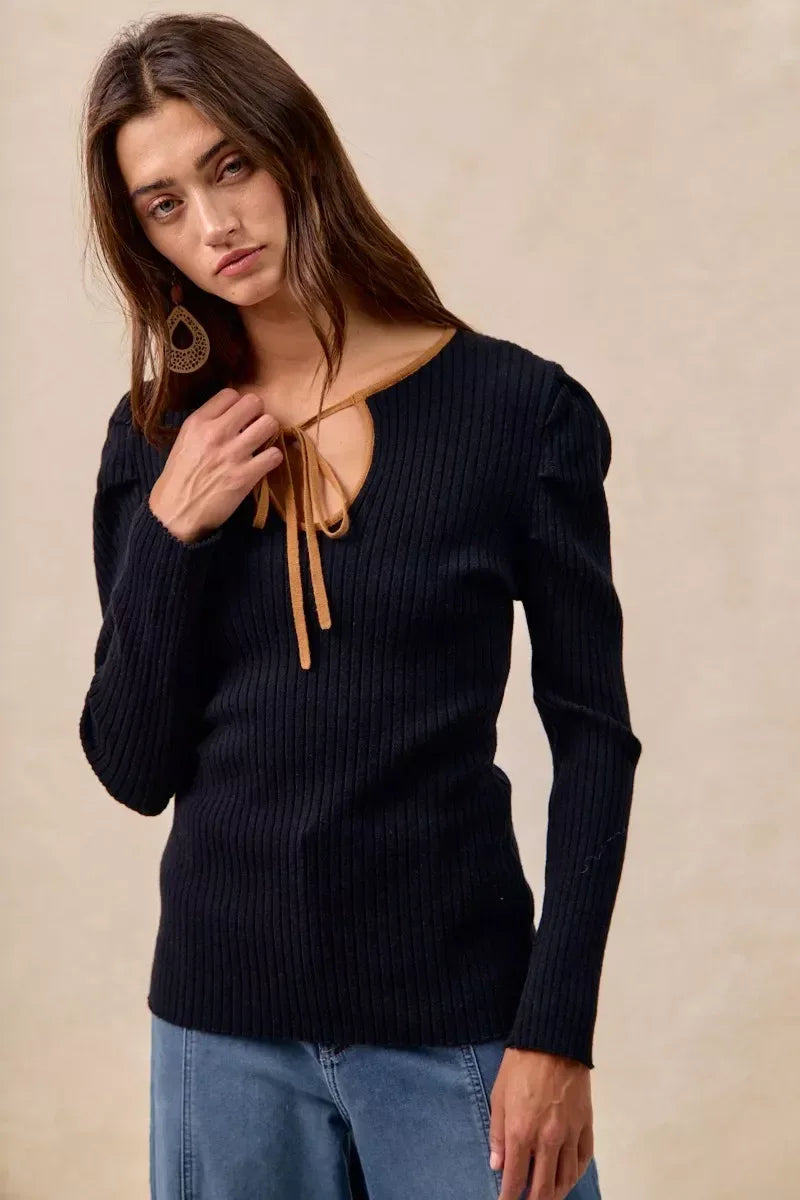 BiBi Ribbed Contrast Front Tied Shirred Fabric Top - DAVERRI FASHIONS