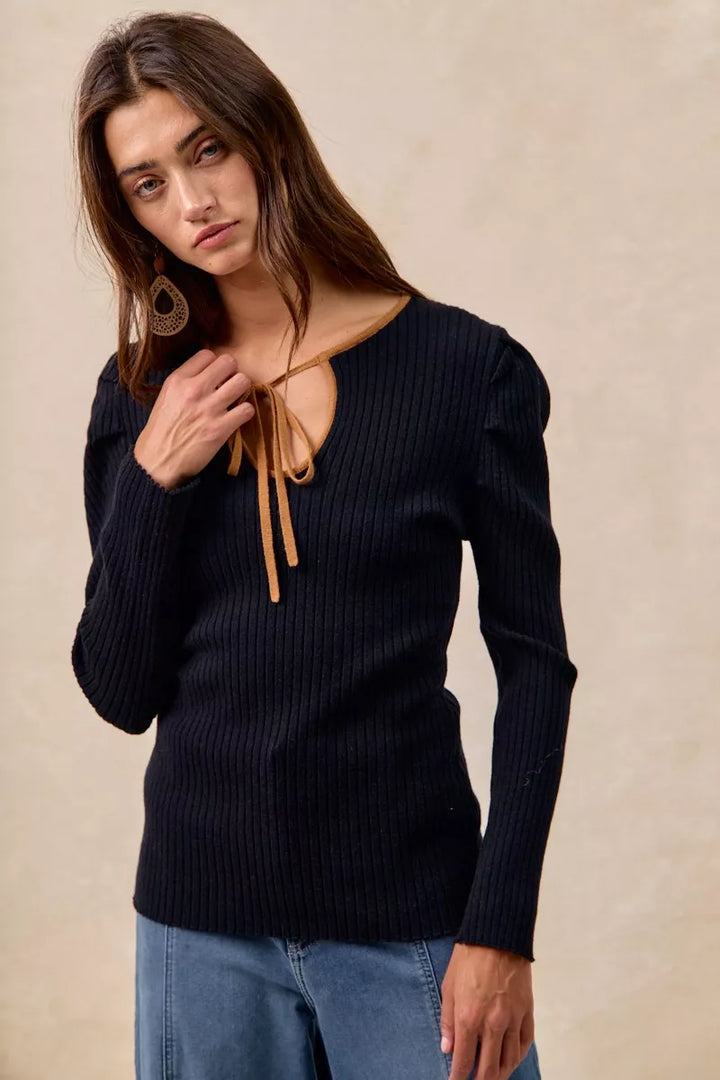 BiBi Ribbed Contrast Front Tied Shirred Fabric Top | Tops Daverri Fashions