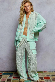 POL Exposed Seam Button Down Hooded Jacket with Lace Detail | Daverri Fashions
