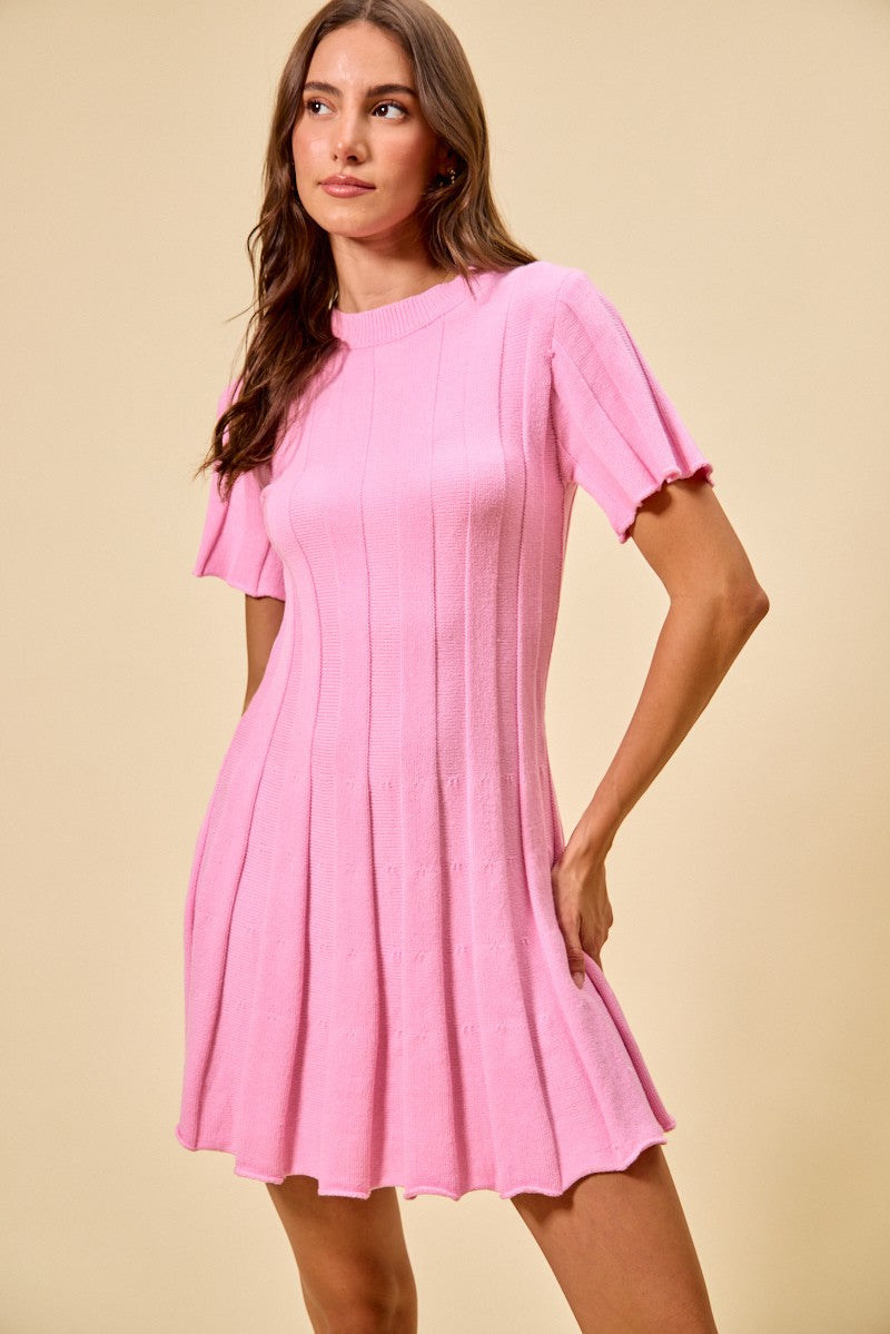 SO ME wide rib short sleeve sweater knit mini dress in soft pink