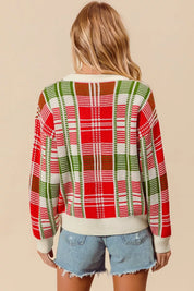 SO ME Christmas Color Checkered Plaid Crew Neck Sweater | Sweaters Daverri Fashions