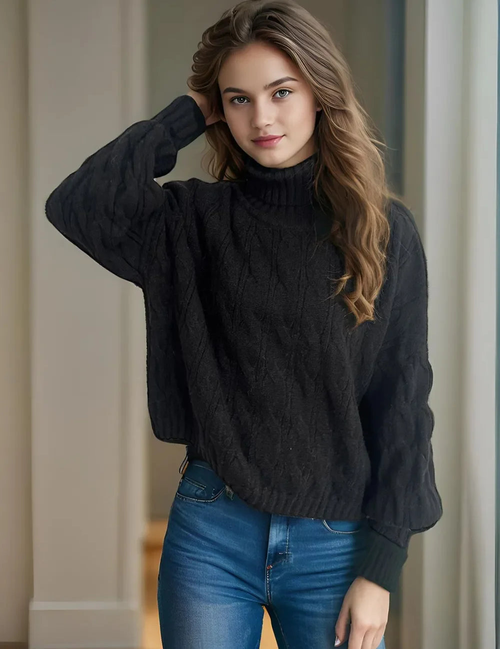 Black ribbed turtleneck sweater with long sleeves