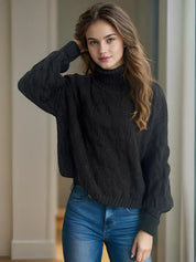 Black ribbed turtleneck sweater with long sleeves