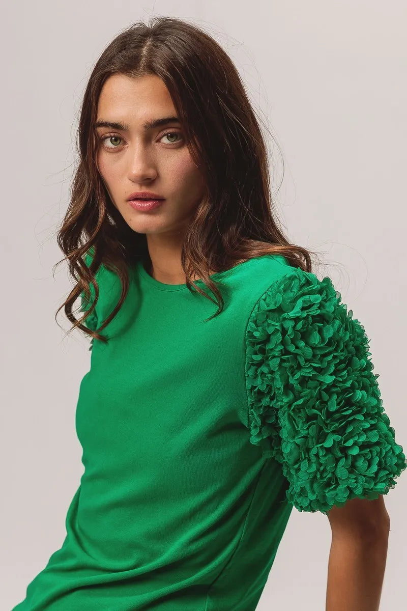 BiBi Short Mesh Flower Sleeve Knit Top Tops