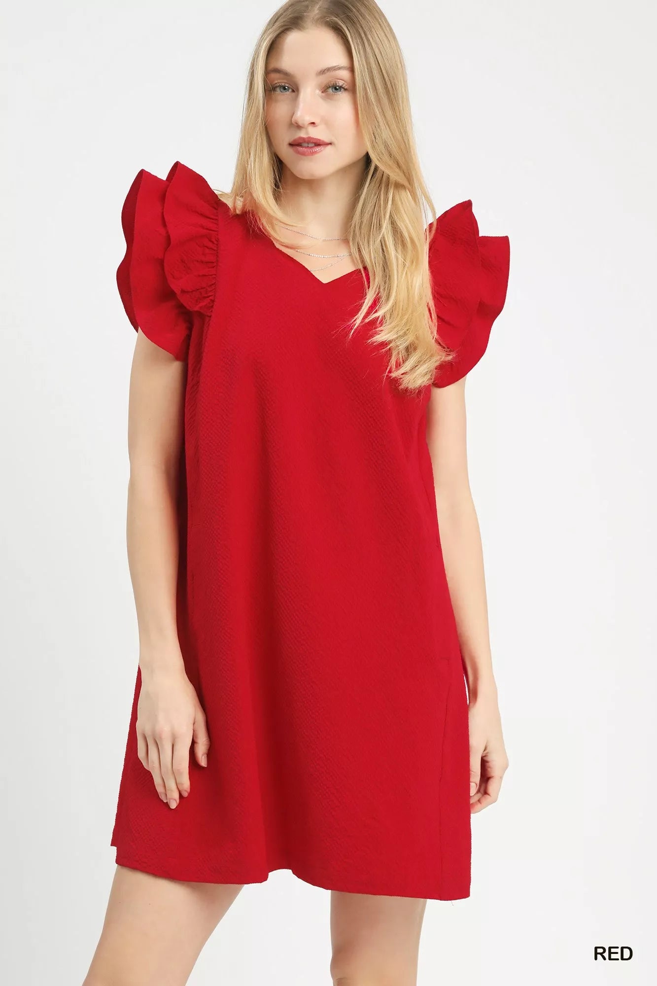 Vibrant red Umgee Seersucker Ruffle Shift Dress with V-neck and puff sleeves