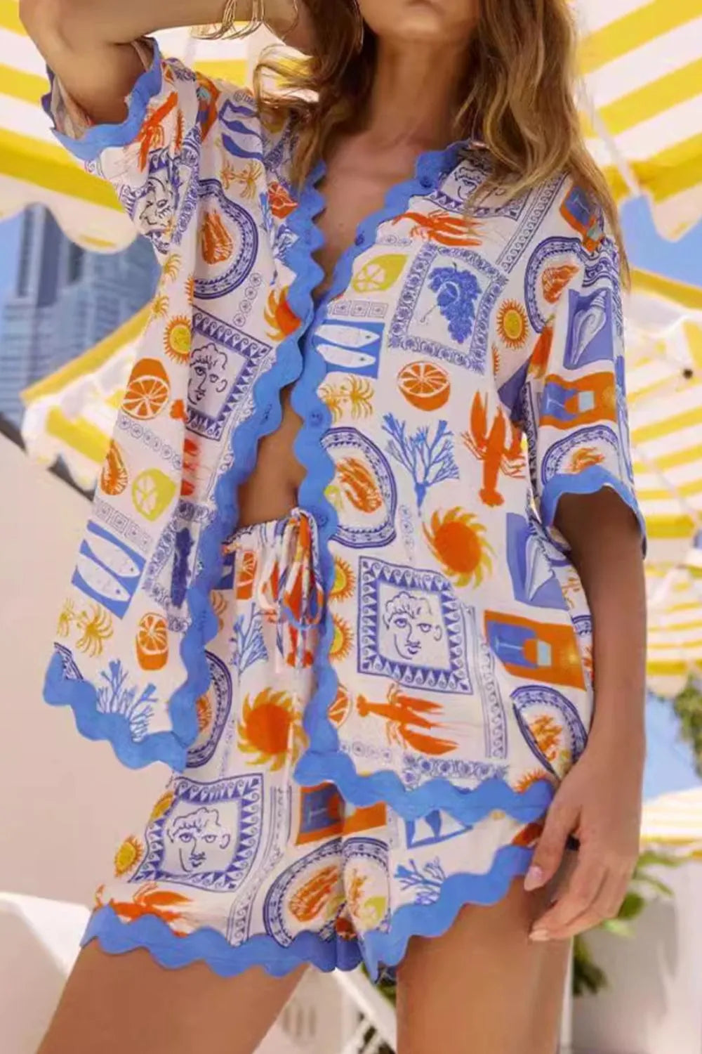 Bohemian print button-up shirt and shorts set in white-blue seafood pattern