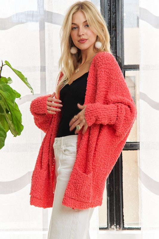 ADORA Popcorn Knit Open Front Long Sleeve Cardigan Tops