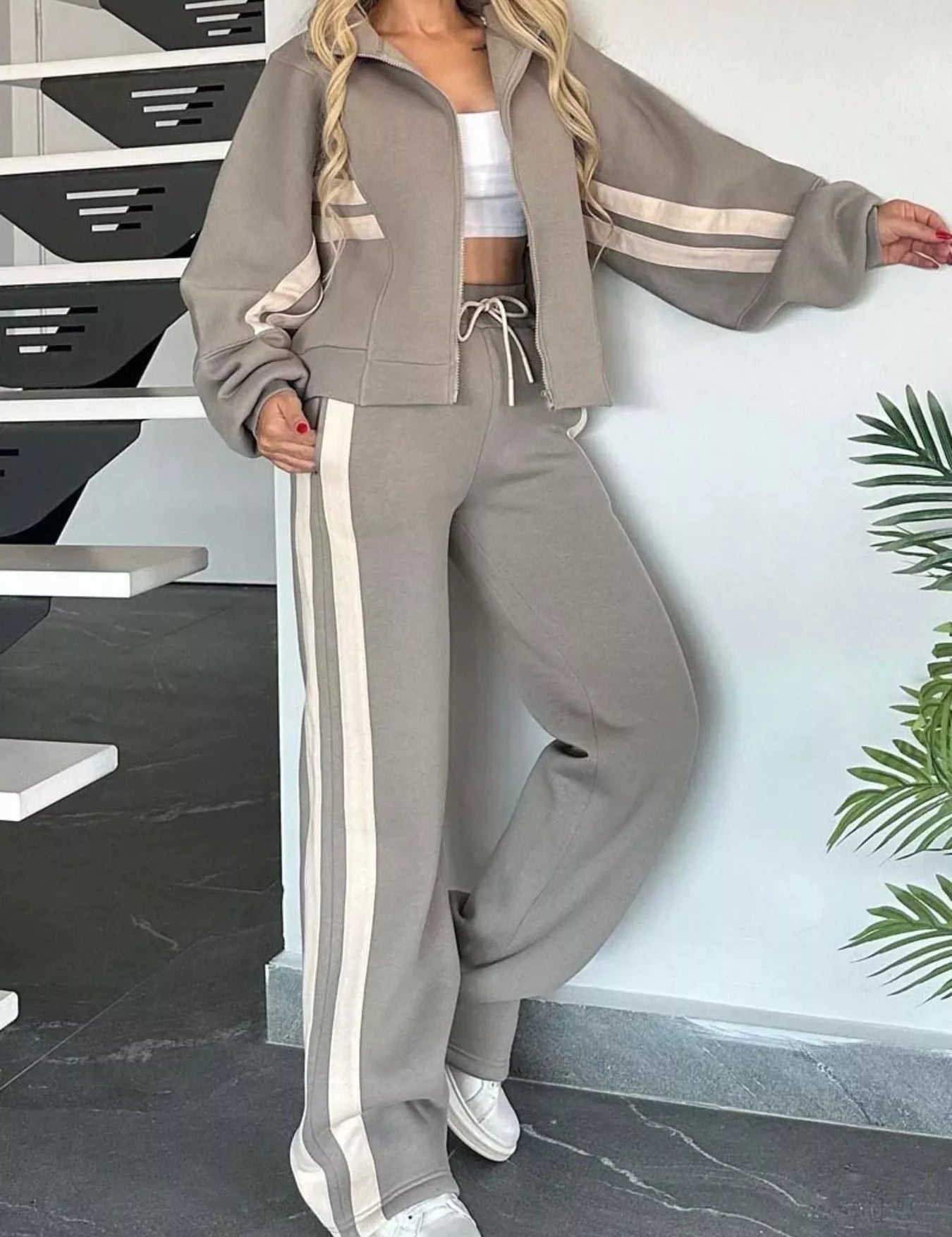 Grey Full Size Contrast Stripe Zip Up Jacket and Pants Set Plus Size | Loungewear Sets Daverri Fashions