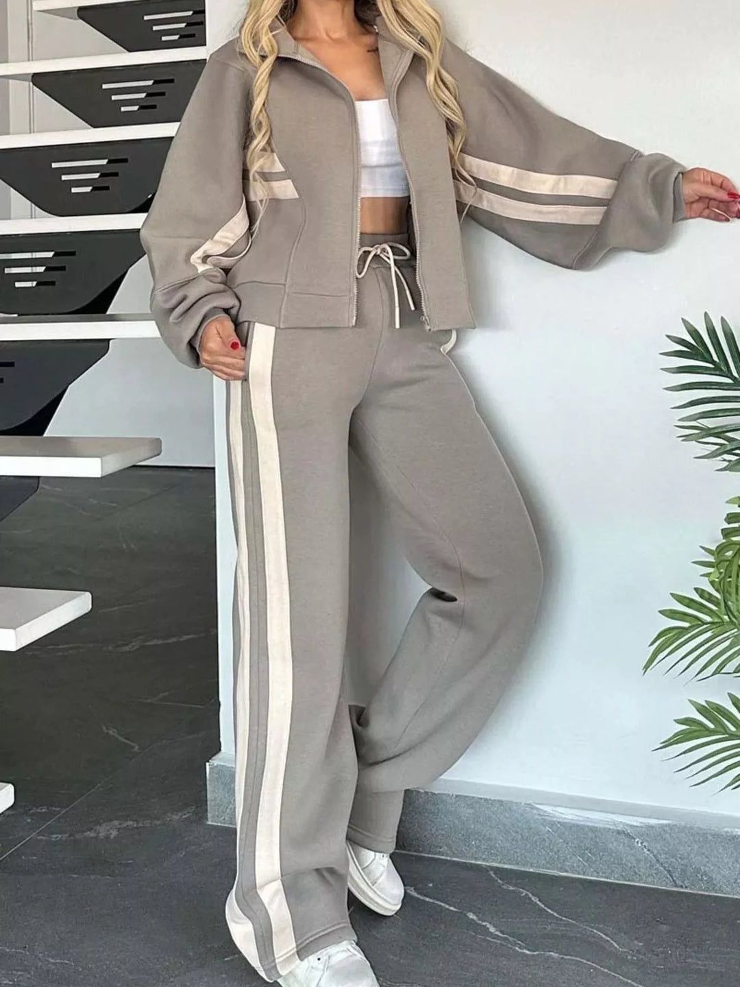 Grey Full Size Contrast Stripe Zip Up Jacket and Pants Set Plus Size | Loungewear Sets Daverri Fashions