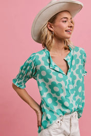 BiBi Flower Printed Woven Smocking Sleeves V Neck Top | Blouses Daverri Fashions