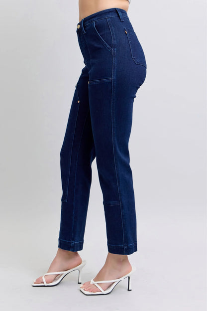 Judy Blue Full Size Hw Work Wear Knee Patch Straight Jeans Plus Size - DAVERRI FASHIONS