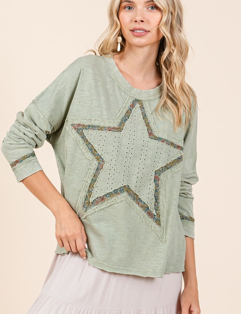 Mittoshop Mineral Wash Star Patch Long Sleeve T-Shirt Sage