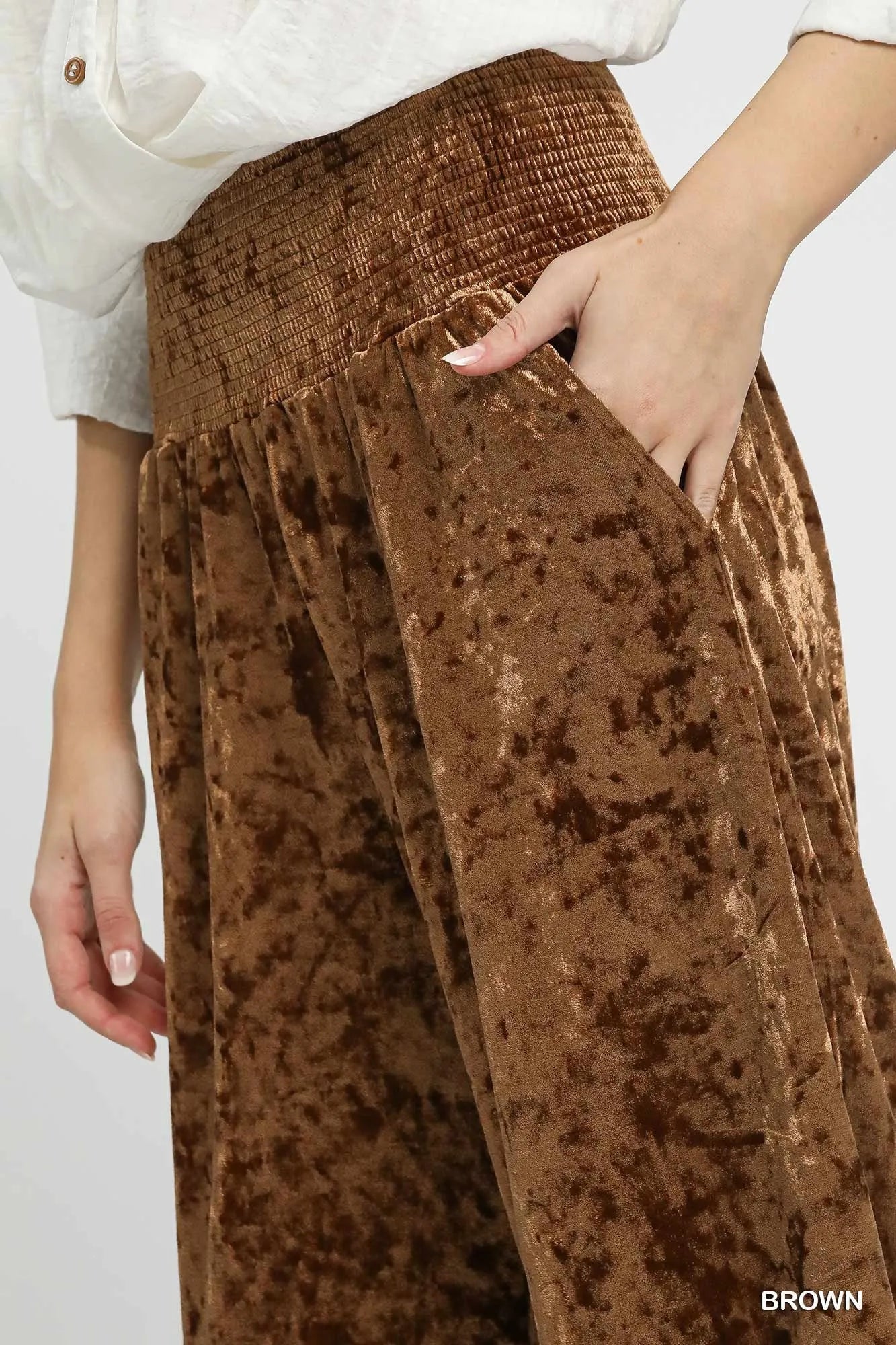 Umgee Velvet Smocked Waistband Wide Leg Pants Pants