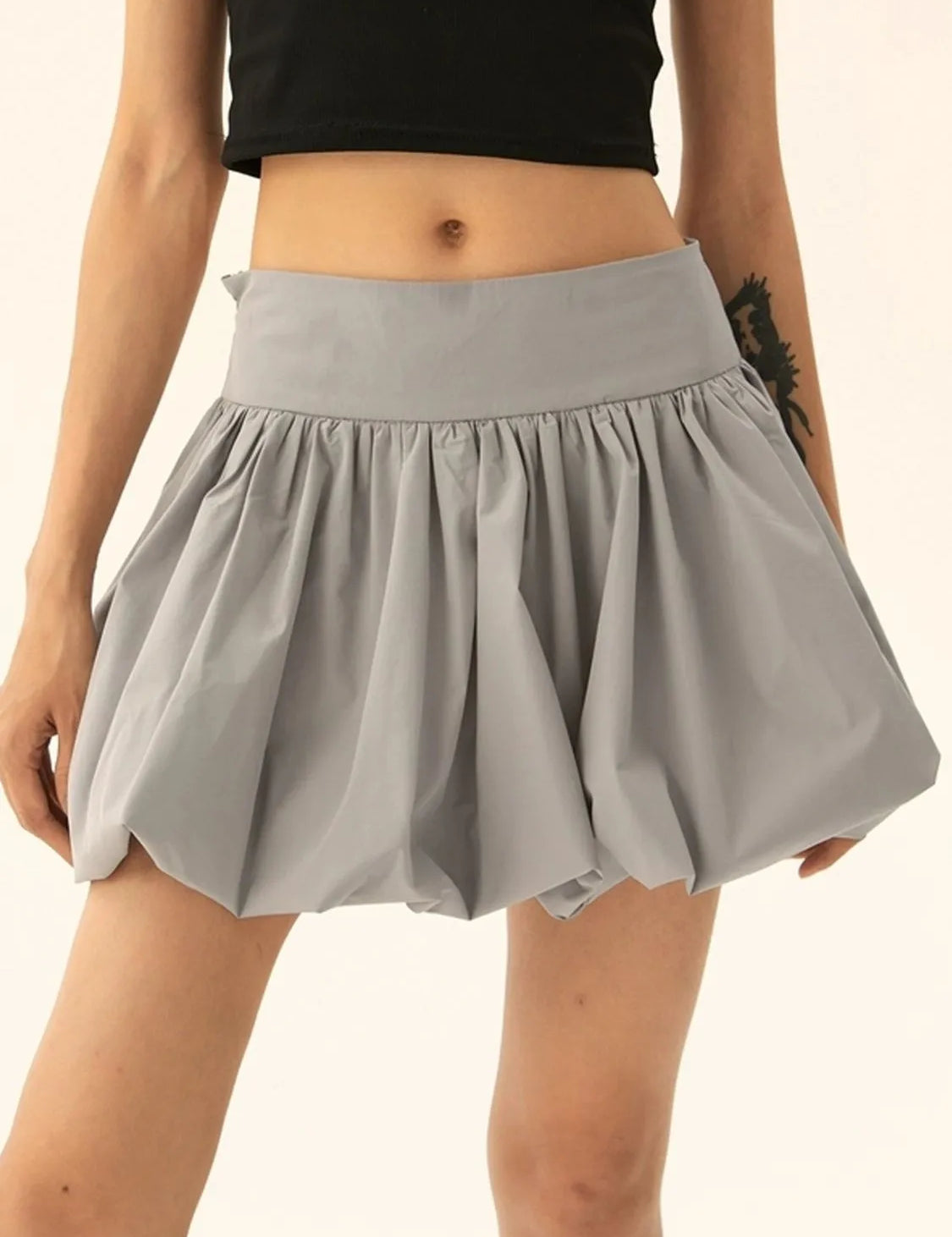 Gray Ruched Bubble Hem Mini Skirt | Skirts Daverri Fashions