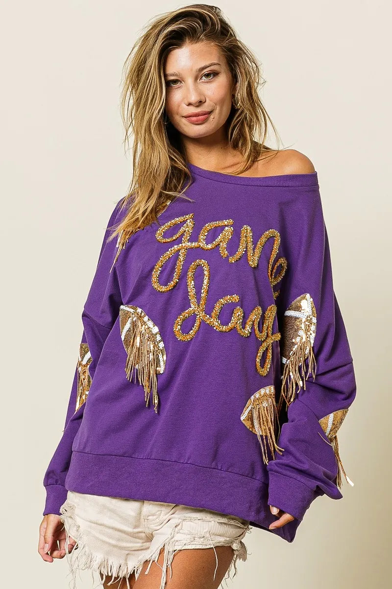 BiBi Sequin Football Patches Game Day Sweatshirt | Sweatshirts Daverri Fashions