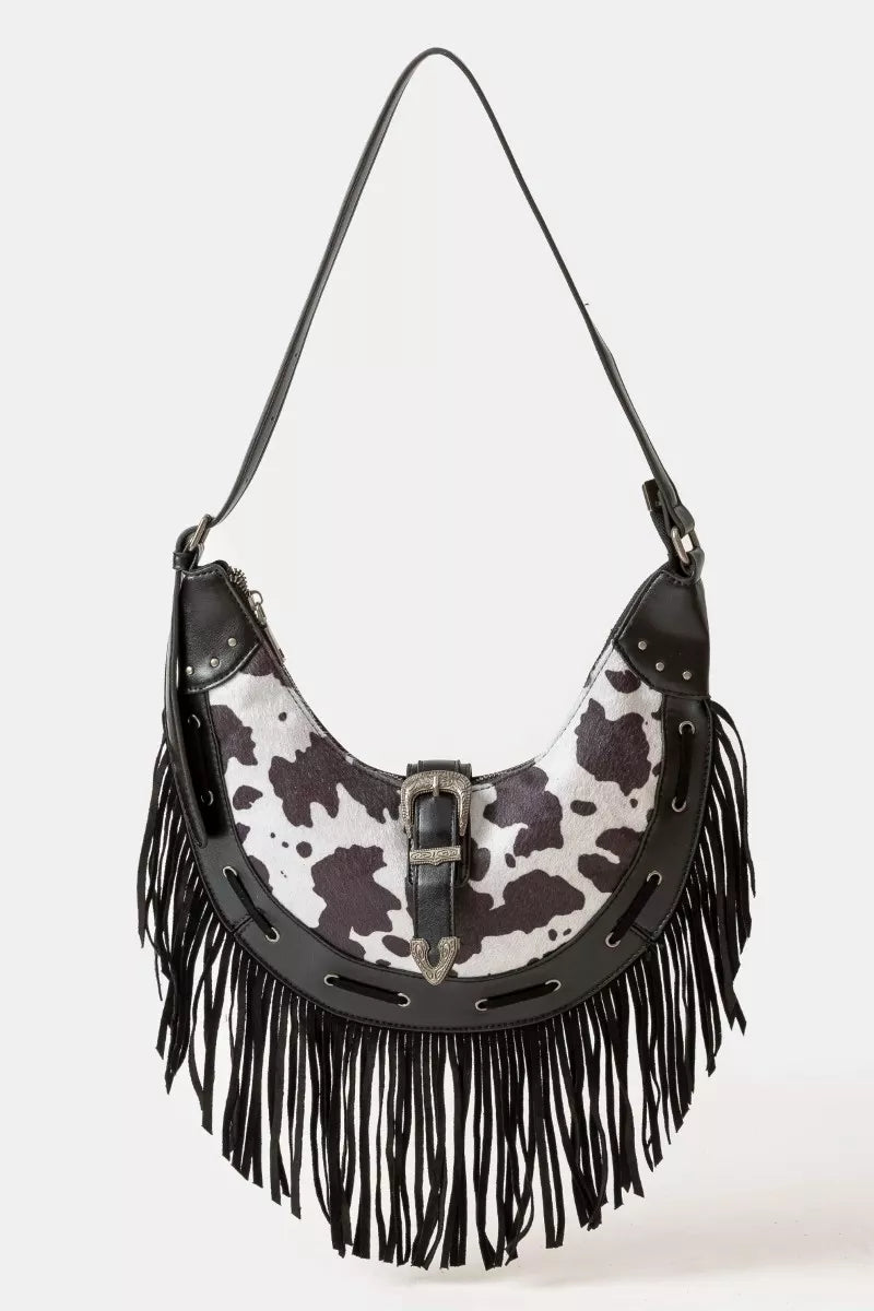 BW one size Cow Print Faux Leather Fringe Hobo Bag | Hobo Bags Daverri Fashions