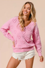 BiBi Valentines Heart Pompom V Neck Knit Top | Knit Tops Daverri Fashions