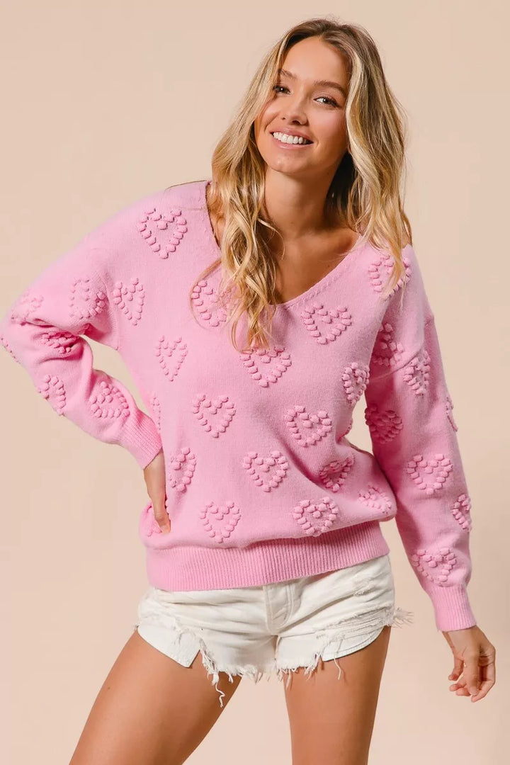 BiBi Valentines Heart Pompom V Neck Knit Top | Knit Tops Daverri Fashions