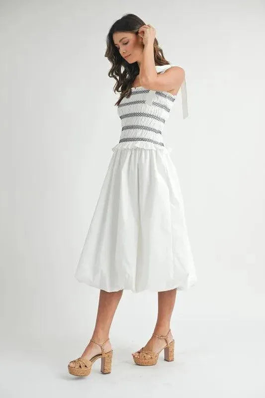 MABLE Smocked Bodice Bubble Midi Dress - DAVERRI FASHIONS