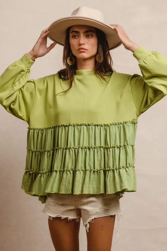 BiBi French Terry and Woven Mixed Tiered Top Tops
