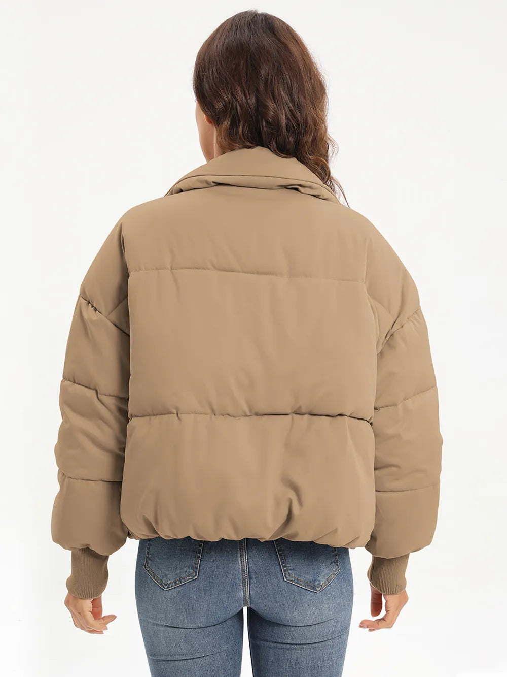 Beige zip-up turtleneck long sleeve puffer jacket with hood