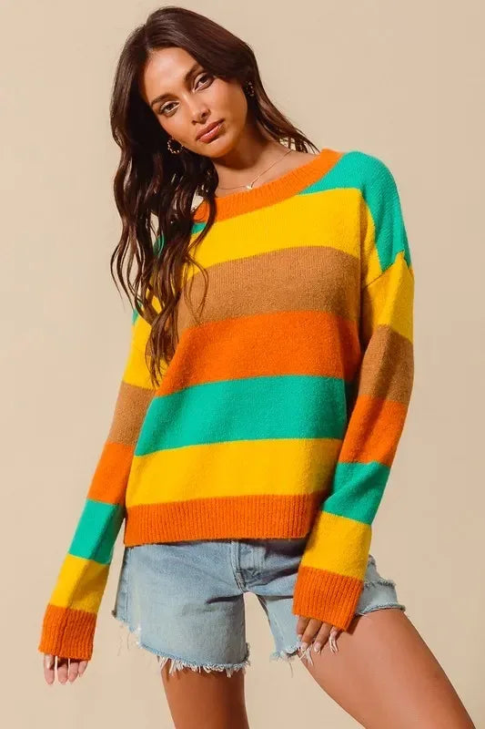 SO ME Multi Color Stripe Sweater with Ribbed Detail - DAVERRI FASHIONS