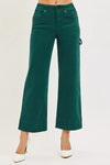 RISEN emerald green high-waisted wide-leg denim cargo pants with rolled cuffs