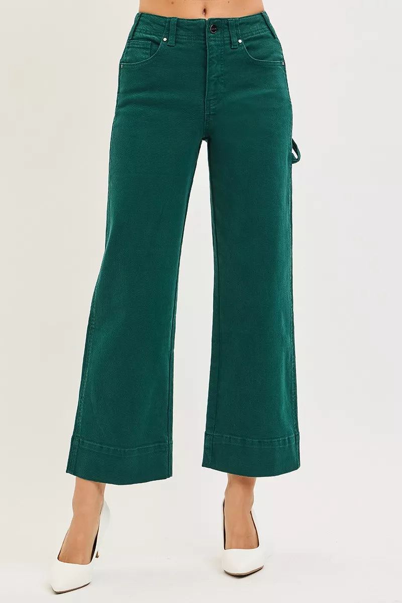 RISEN emerald green high-waisted wide-leg denim cargo pants with rolled cuffs