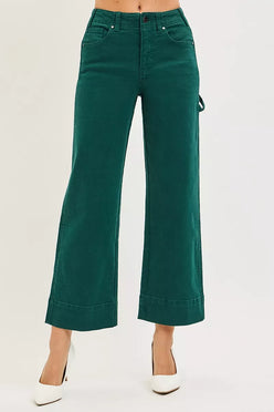 RISEN emerald green high-waisted wide-leg denim cargo pants with rolled cuffs