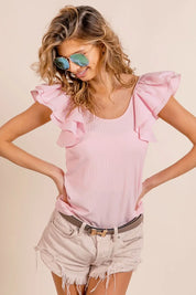 BiBi Wide Layered Ruffle Sleeve Scoop Neck Ribbed Top | Tops Daverri Fashions