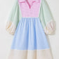 Striped patchwork ric rac puff sleeve collared mini dress in pastel colors