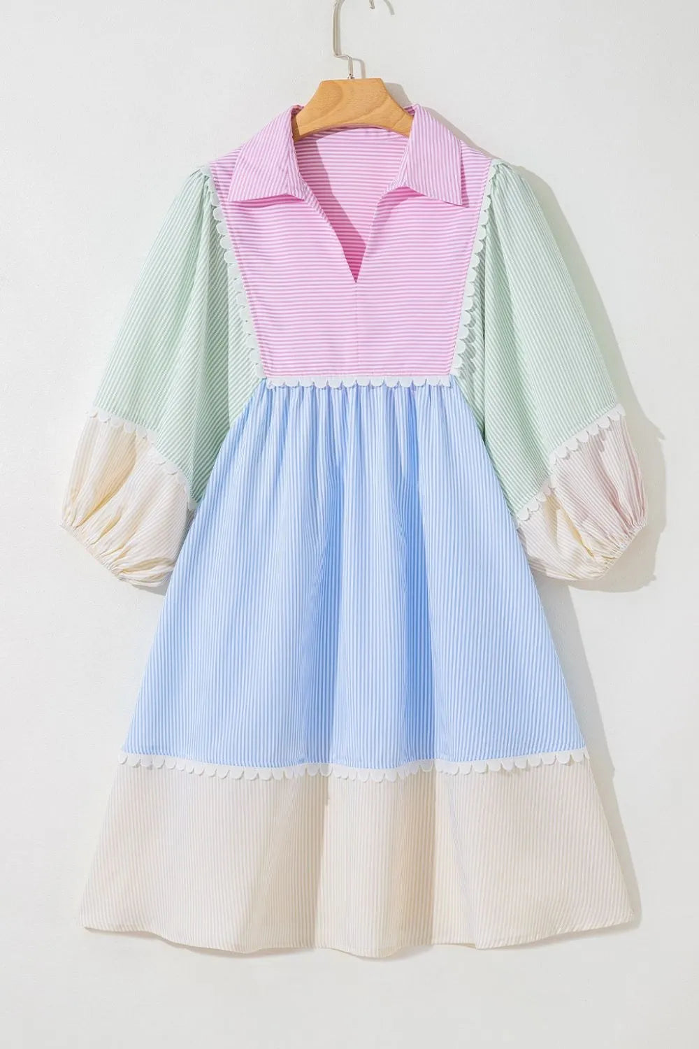 Striped patchwork ric rac puff sleeve collared mini dress in pastel colors