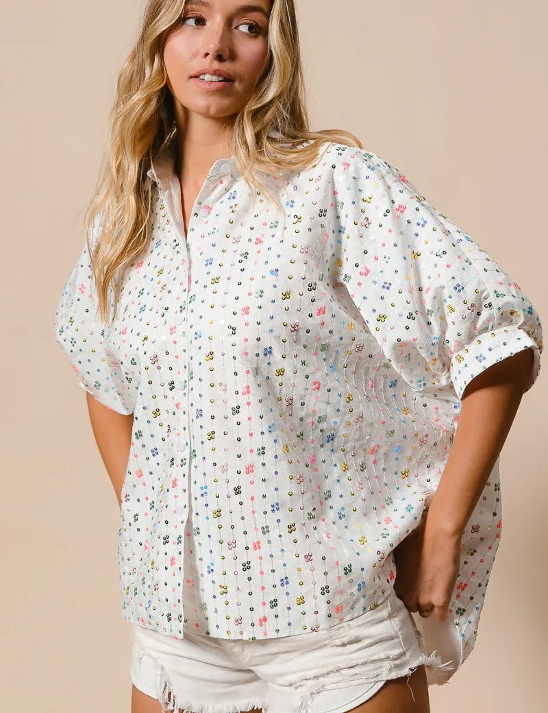 BiBi Sequin Striped Short Dolman Sleeve Blouse | Daverri Fashions