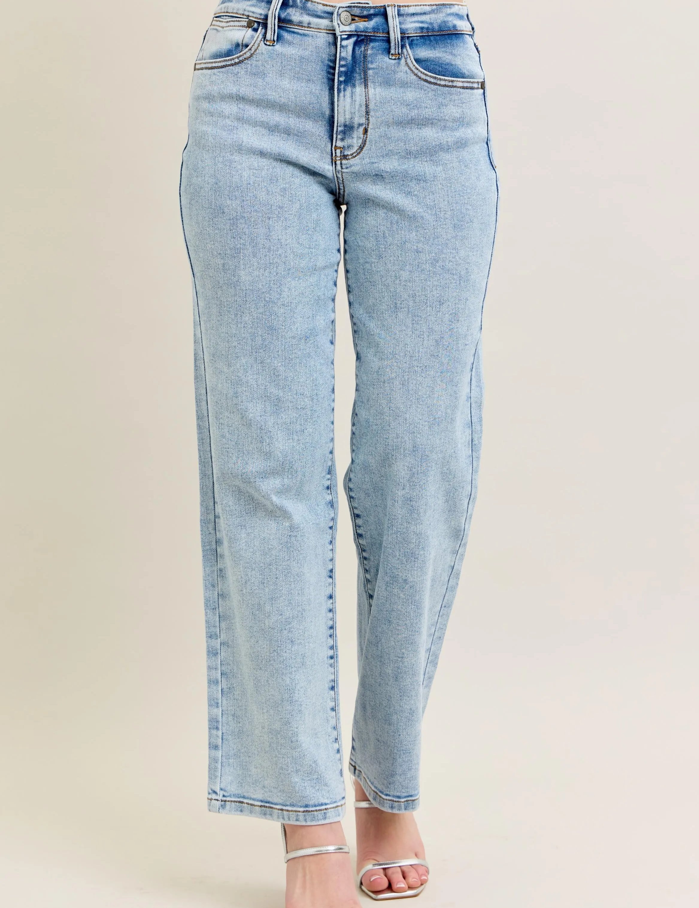 Light Judy Blue Full Size High Waist Stone Wash Straight Jeans Plus Size | Jeans Daverri Fashions