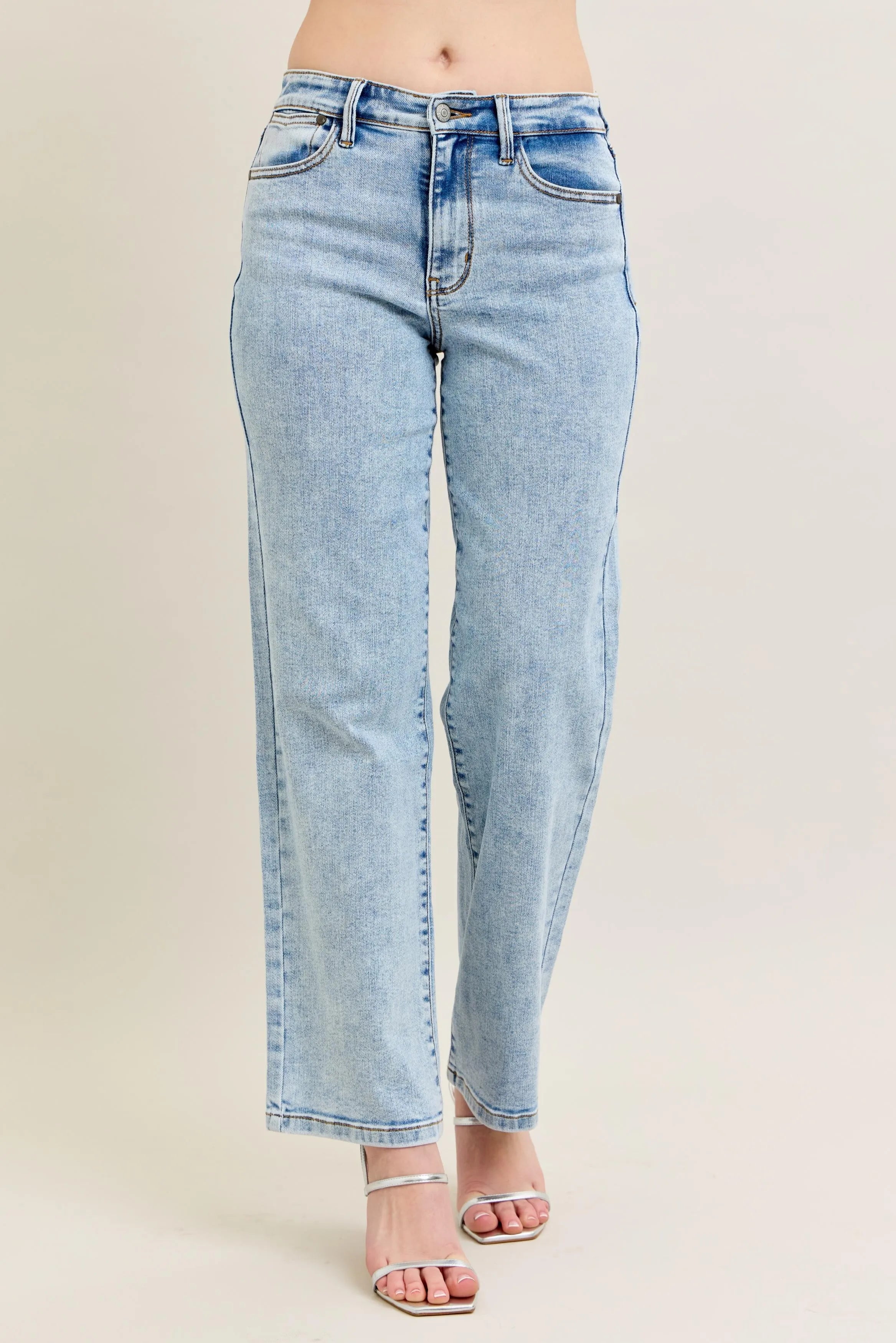 Light Judy Blue Full Size High Waist Stone Wash Straight Jeans Plus Size | Jeans Daverri Fashions