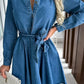 Tied Half Button Long Sleeve Denim Dress - DAVERRI FASHIONS