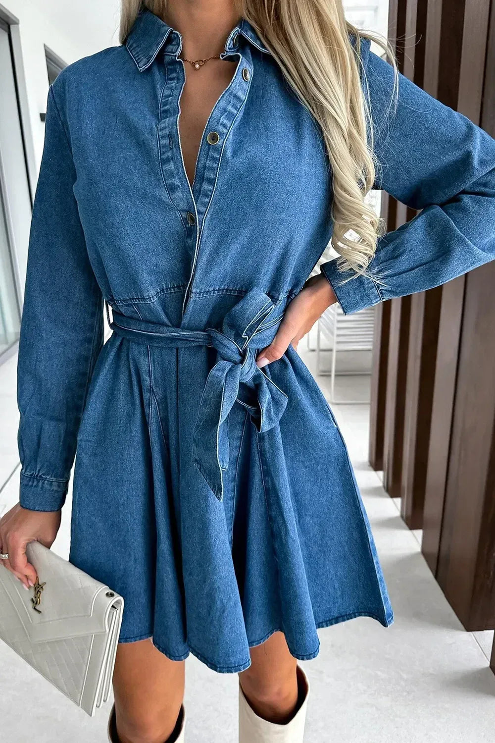 Tied Half Button Long Sleeve Denim Dress - DAVERRI FASHIONS