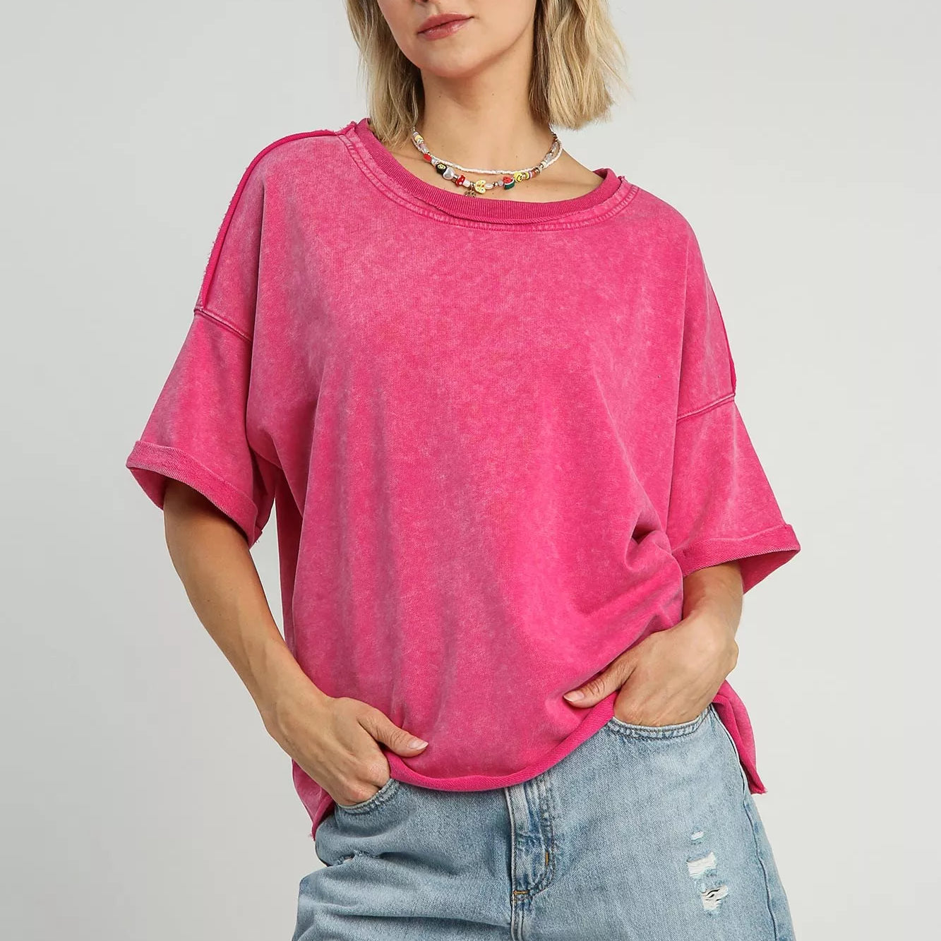 UMG-HOT PINK Umgee Mineral Wash Round Neck Top Hot Pink | Tops Daverri Fashions